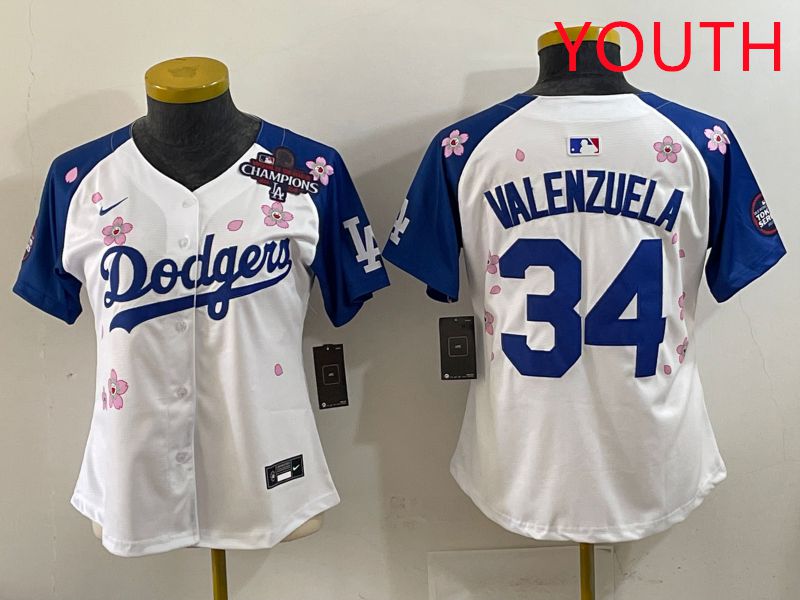 Youth Los Angeles Dodgers #34 Valenzuela White Blue Sakura Edition 2025 Nike MLB Jersey style 36->youth mlb jersey->Youth Jersey
